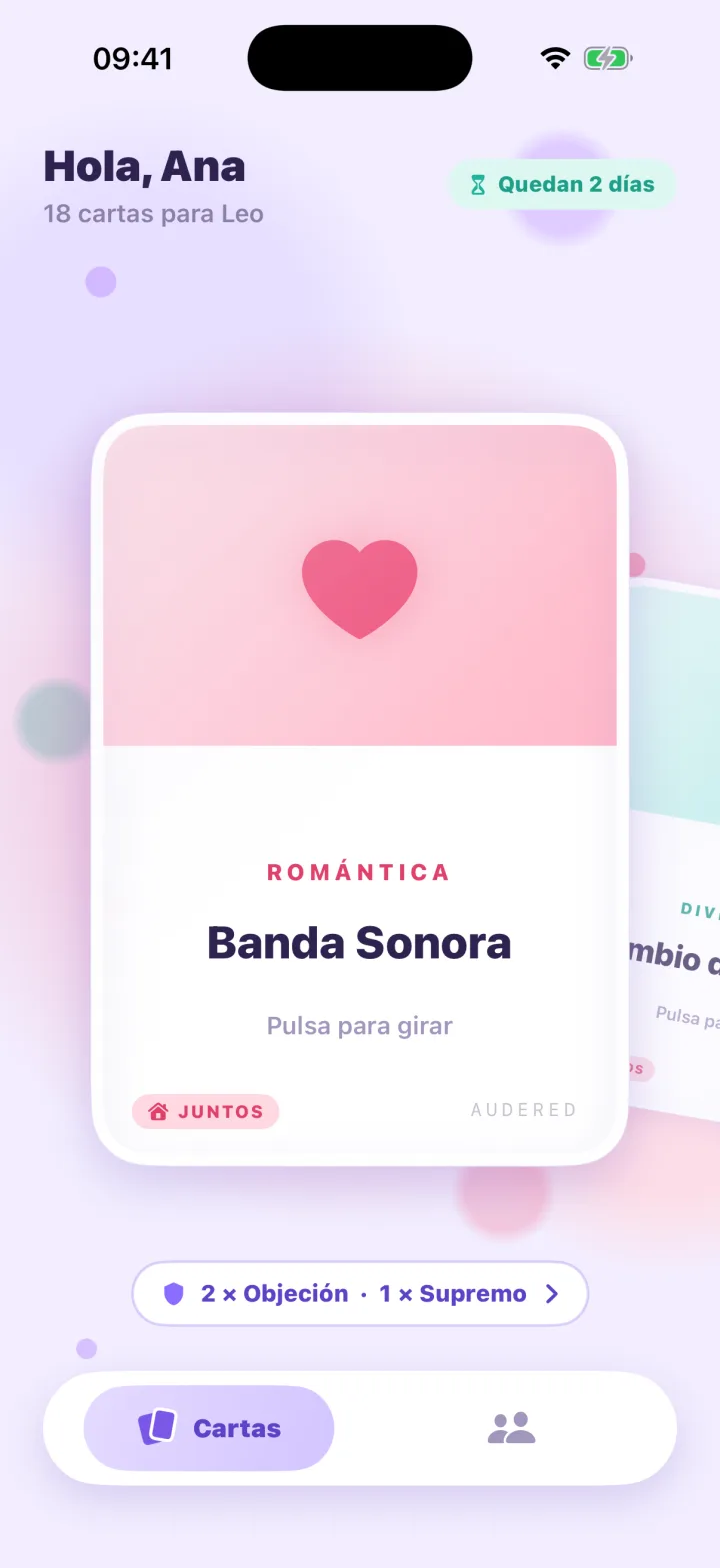 La app de Audered con la mano de cartas